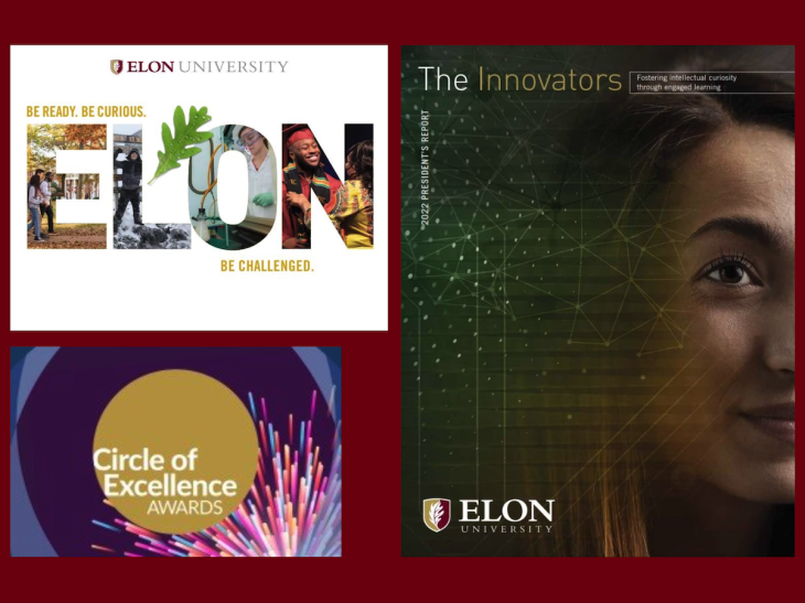 A graphic featruing the covers of the Elon President's Repot and the Elon Viewbook for 2023.